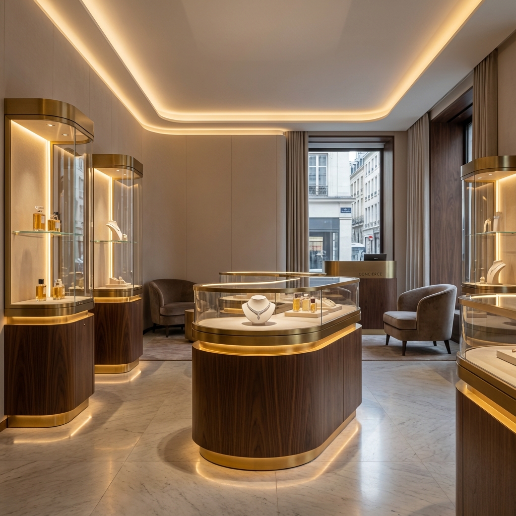 A luxurious custom retail display showroom featuring glass and metal cabinets