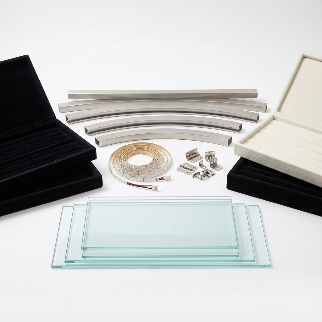 Jewelry cabinet materials including glass and steel